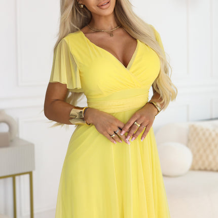562-8 NASTIA Long dress with a neckline, tie and short sleeves - lemon limoncello