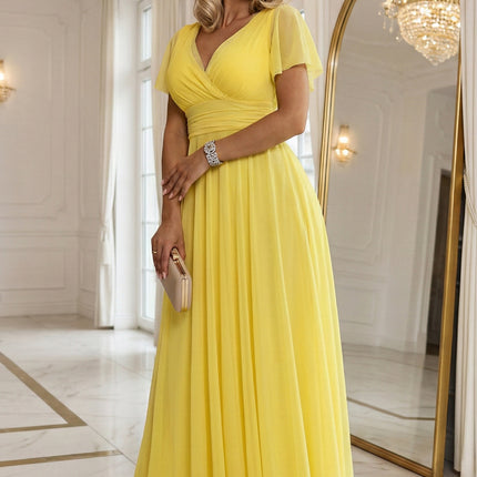 562-8 NASTIA Long dress with a neckline, tie and short sleeves - lemon limoncello