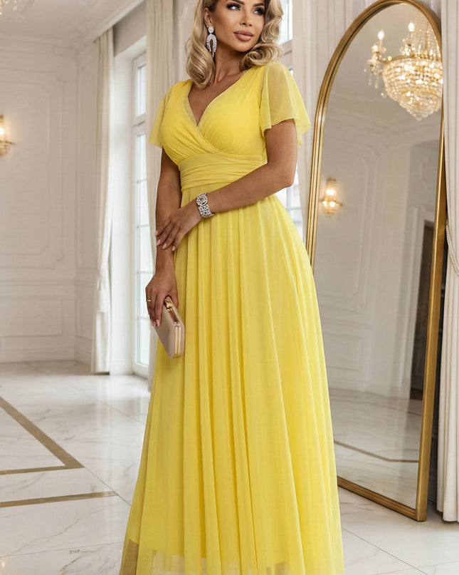 562-8 NASTIA Long dress with a neckline, tie and short sleeves - lemon limoncello