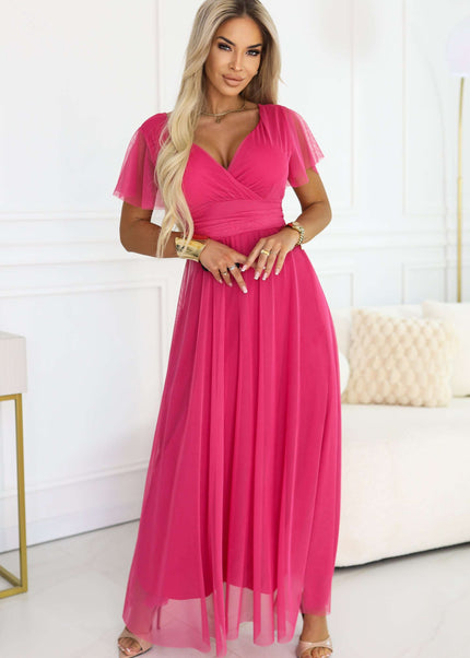562-9 NASTIA Long dress with a neckline, tie and short sleeves - raspberry sorbet