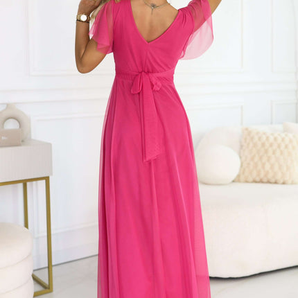 562-9 NASTIA Long dress with a neckline, tie and short sleeves - raspberry sorbet