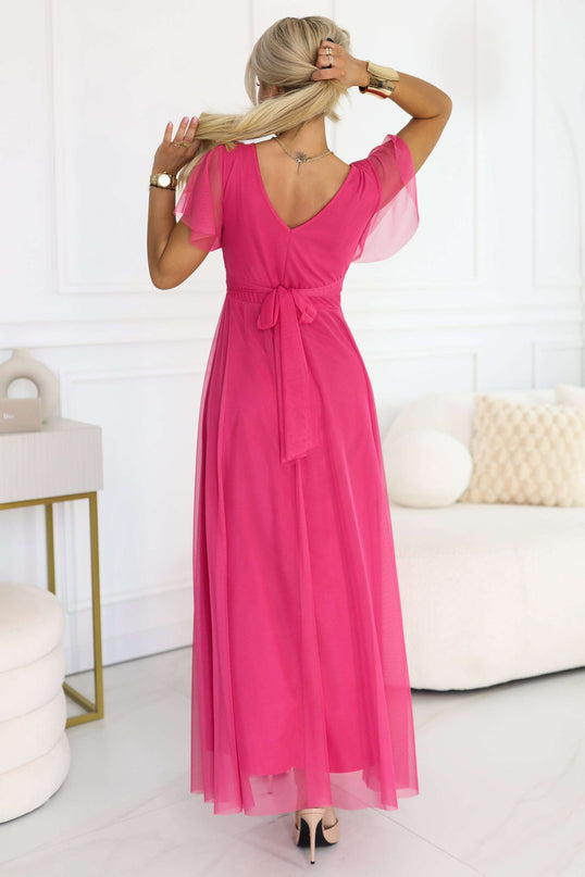 562-9 NASTIA Long dress with a neckline, tie and short sleeves - raspberry sorbet
