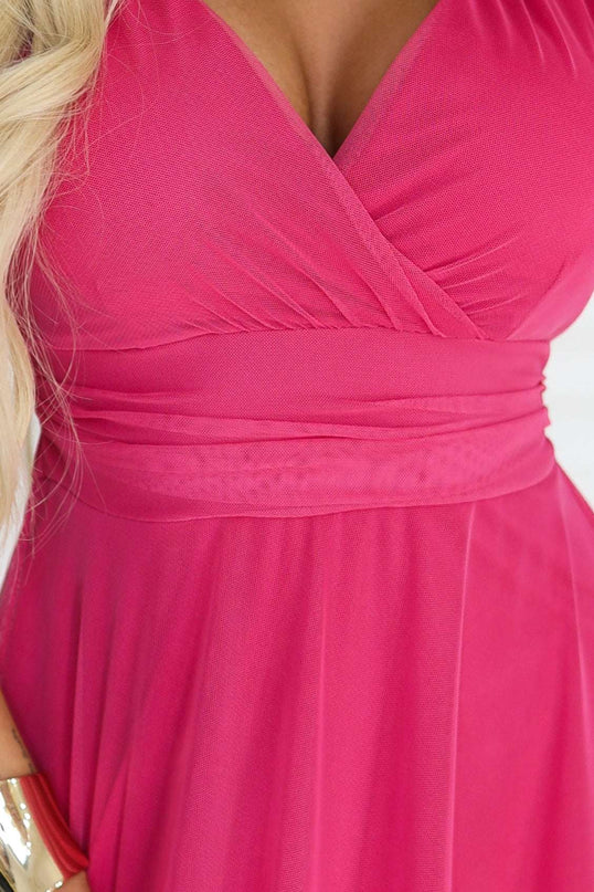 562-9 NASTIA Long dress with a neckline, tie and short sleeves - raspberry sorbet