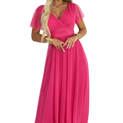 562-9 NASTIA Long dress with a neckline, tie and short sleeves - raspberry sorbet