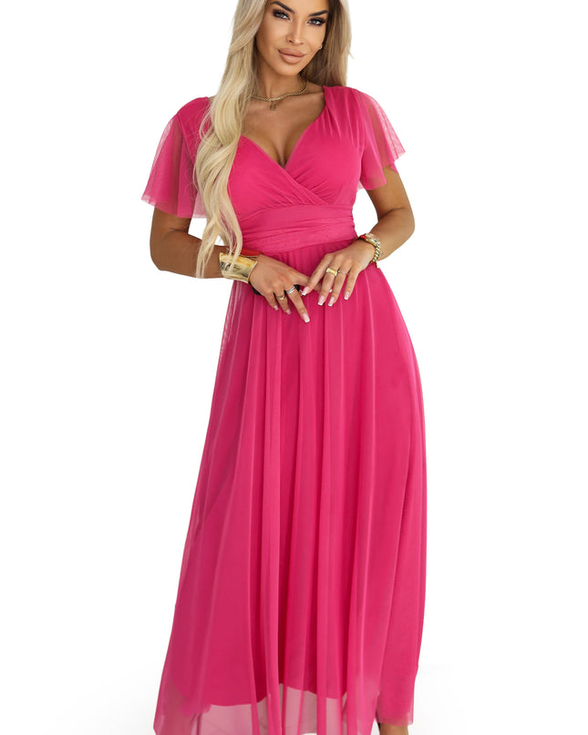 562-9 NASTIA Long dress with a neckline, tie and short sleeves - raspberry sorbet