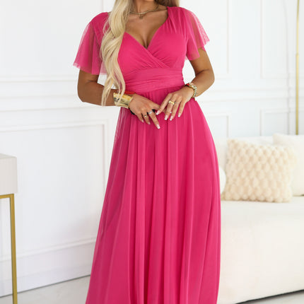 562-9 NASTIA Long dress with a neckline, tie and short sleeves - raspberry sorbet