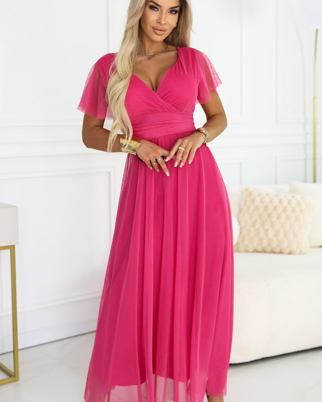 562-9 NASTIA Long dress with a neckline, tie and short sleeves - raspberry sorbet