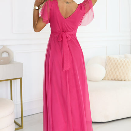 562-9 NASTIA Long dress with a neckline, tie and short sleeves - raspberry sorbet