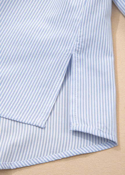 Sky Blue Stripe Ruffled Leopard Patchwork Long Sleeve Button Down Loose Shirt