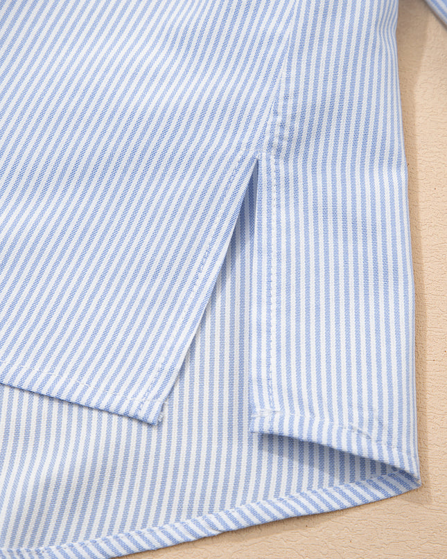 Sky Blue Stripe Ruffled Leopard Patchwork Long Sleeve Button Down Loose Shirt