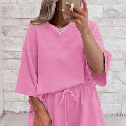 Meadow Mist Green Solid Loose V Neck Half Sleeve Tee and Shorts Set