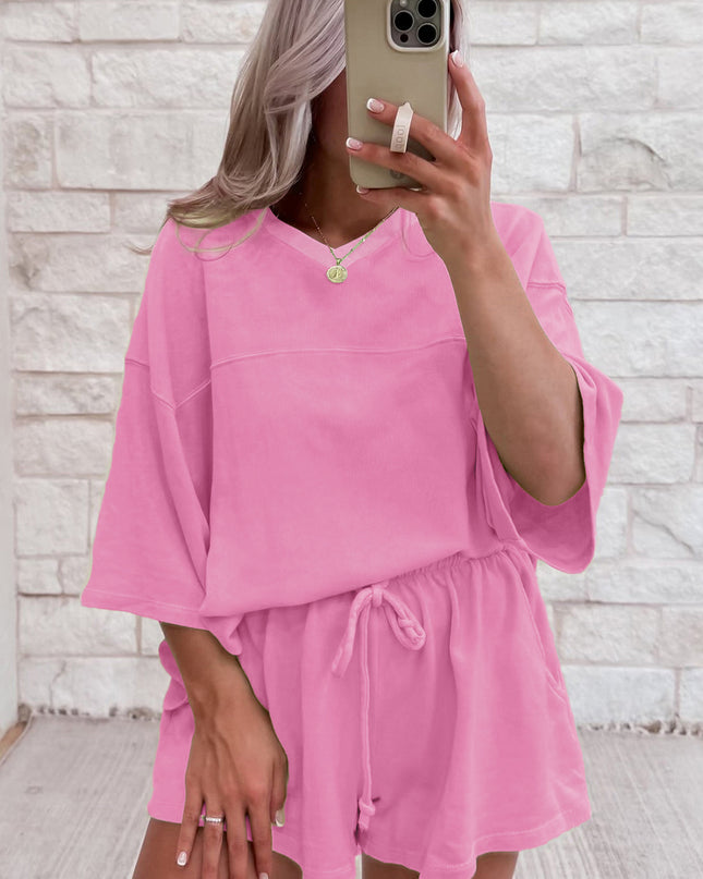 Meadow Mist Green Solid Loose V Neck Half Sleeve Tee and Shorts Set