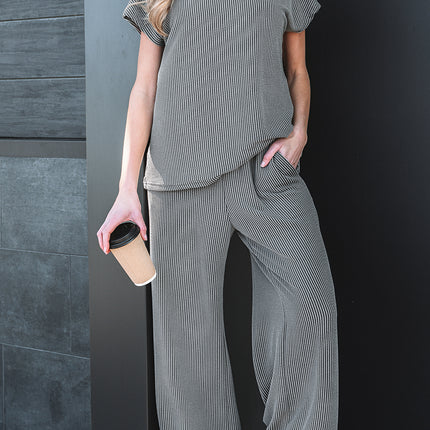 Dark Grey Twisted Ribbed High Neck Loose Tee Elastic High Waist Loose Pant Set