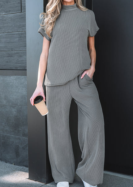 Dark Grey Twisted Ribbed High Neck Loose Tee Elastic High Waist Loose Pant Set