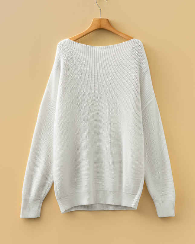 White Asymmetric Neck Drop Shoulder Baggy Slouchy Sweater