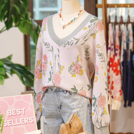 Pink Floral Pattern Striped V Neck Loose Sweater
