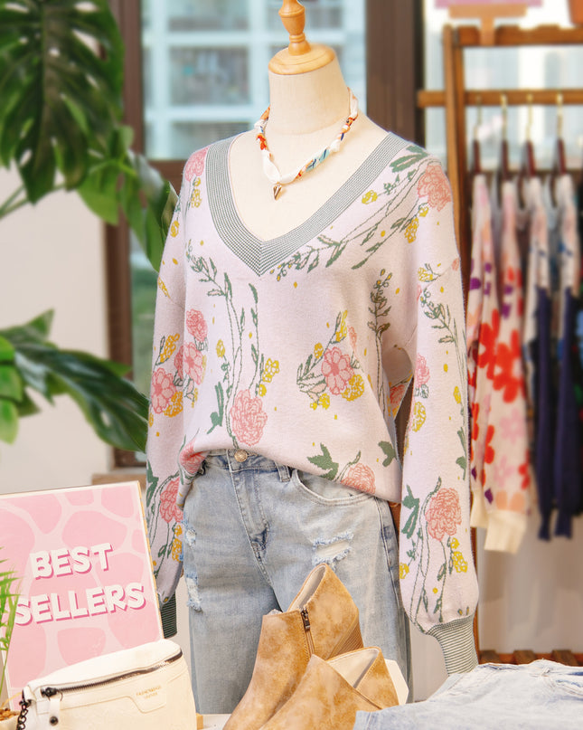 Pink Floral Pattern Striped V Neck Loose Sweater