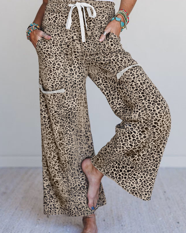 Khaki Animal Print Wide Leg Terry Knit Pants