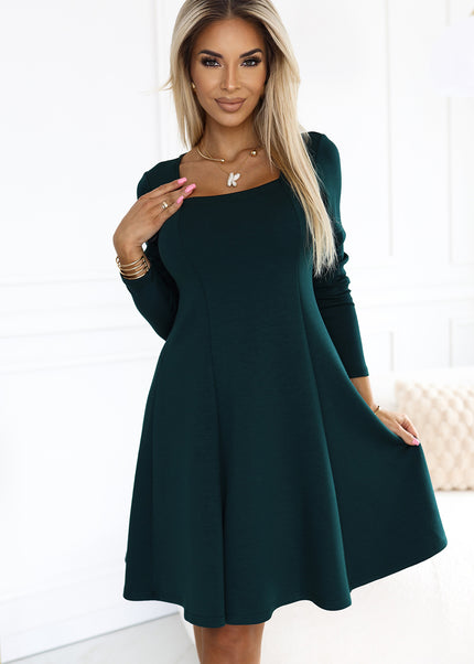 574-1 IVANA comfortable trapeze dress with a neckline and long sleeves - green