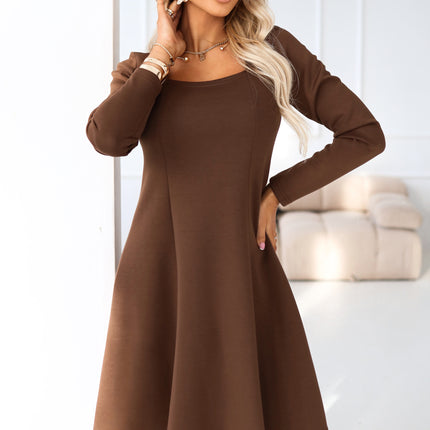 574-2 IVANA comfortable trapeze dress with a neckline and long sleeves - chocolate