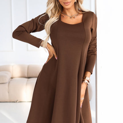 574-2 IVANA comfortable trapeze dress with a neckline and long sleeves - chocolate