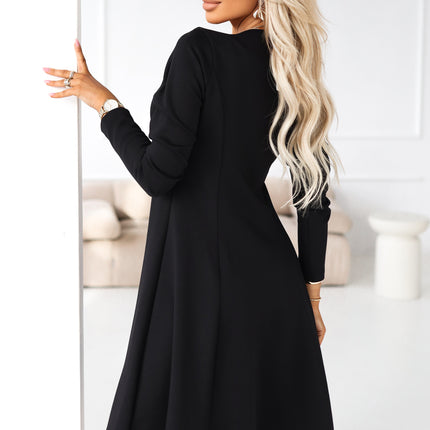 574-3 IVANA comfortable trapeze dress with a neckline and long sleeves - black