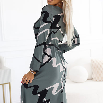 Olive A-Line Sweater Dress with Belt and Pattern