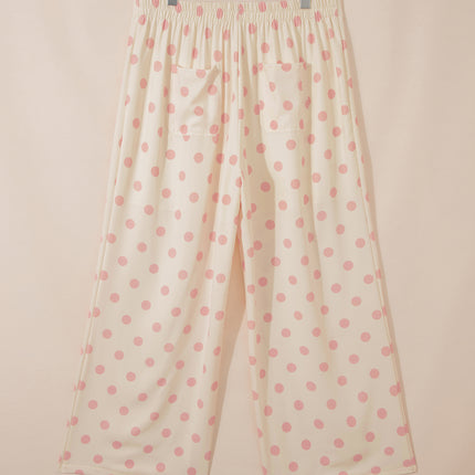 White Polka Dot Print Patched Pocket Loose Pants