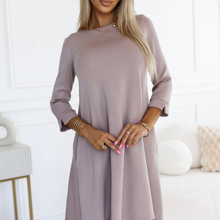 Beige Trapeze Dress with Black Belt – Classic