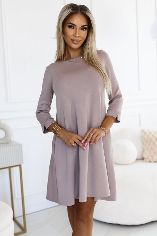 Beige Trapeze Dress with Black Belt – Classic