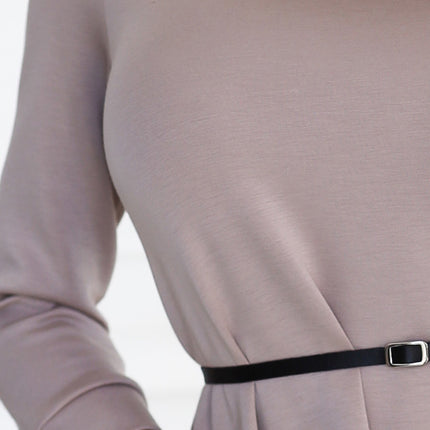 Beige Trapeze Dress with Black Belt – Classic