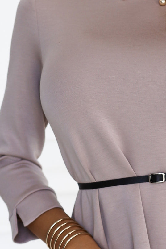 Beige Trapeze Dress with Black Belt – Classic