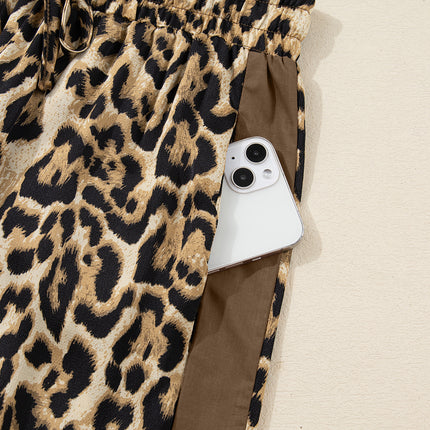 Brown Leopard Collared 3/4 Sleeve Shirt and Loose Pants Two Piece Outfit Set