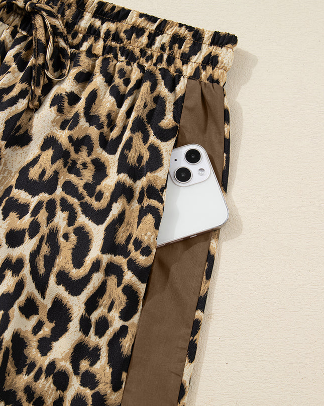 Brown Leopard Collared 3/4 Sleeve Shirt and Loose Pants Two Piece Outfit Set