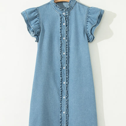 Myosotis Frilled Detail Button Down Ruffle Short Sleeve Denim Mini Dress