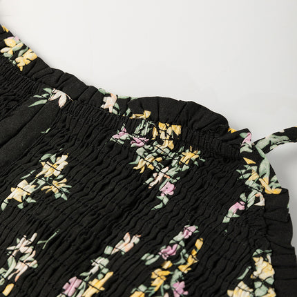 Black Floral Spaghetti Strap Shirred Bodice Tied Empire Waist Maxi Dress