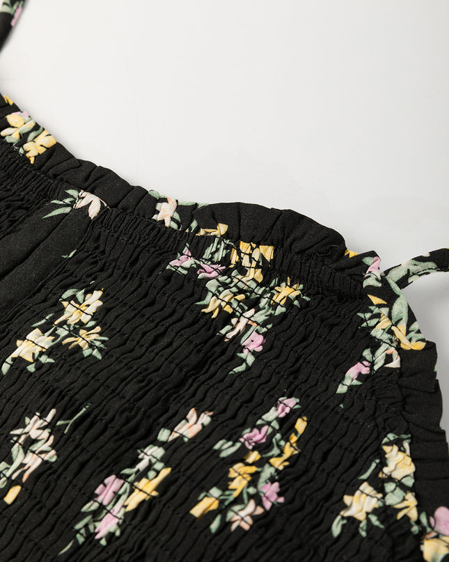 Black Floral Spaghetti Strap Shirred Bodice Tied Empire Waist Maxi Dress