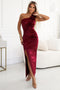 580-2 AURORA long satin one shoulder dress with roses - burgundy