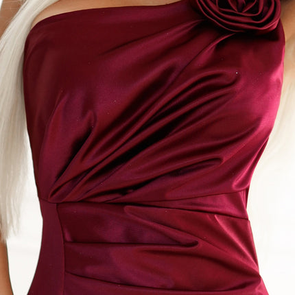 580-2 AURORA long satin one shoulder dress with roses - burgundy