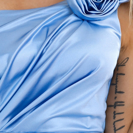 580-4 AURORA long satin one shoulder dress with roses - light blue color