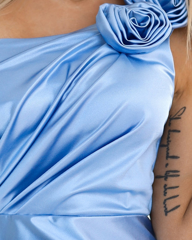 580-4 AURORA long satin one shoulder dress with roses - light blue color