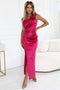 580-5 AURORA Long Satin One Shoulder Dress with Rose and Slit | Pink