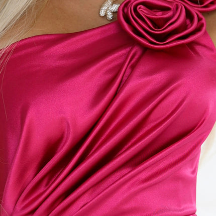 580-5 AURORA Long Satin One Shoulder Dress with Rose and Slit - Pink