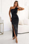 580-6 AURORA long satin one-shoulder dress with roses - black