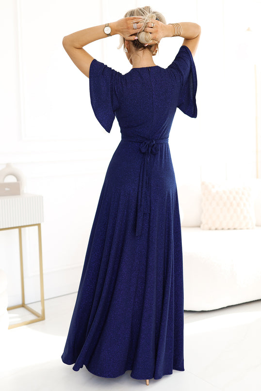 Navy Blue Glitter Long Dress with Sleeves – Jennifer