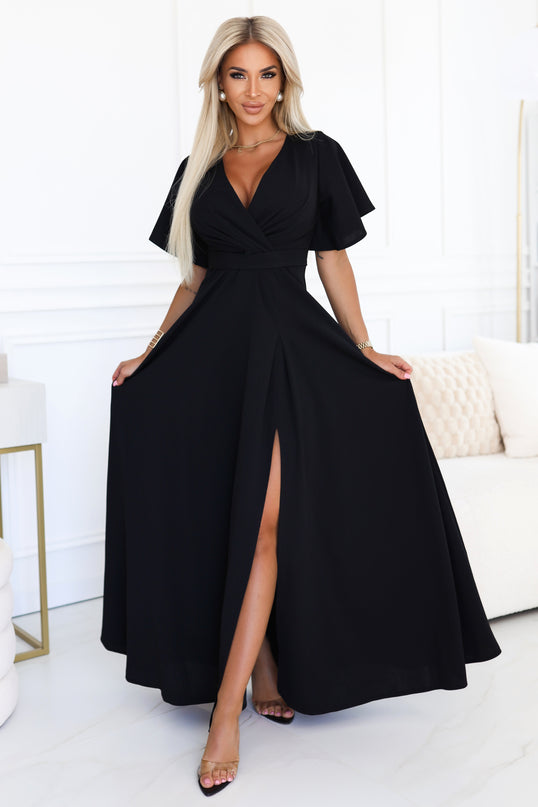 Black Long Dress with Leg Slit and Sleeves – Jennifer