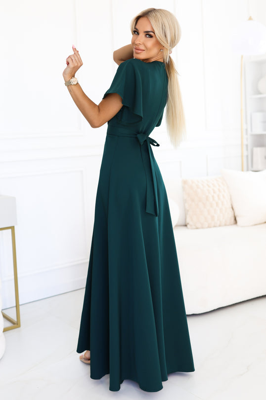 Bottle Green Long Dress with Leg Slit and Sleeves – Jennifer