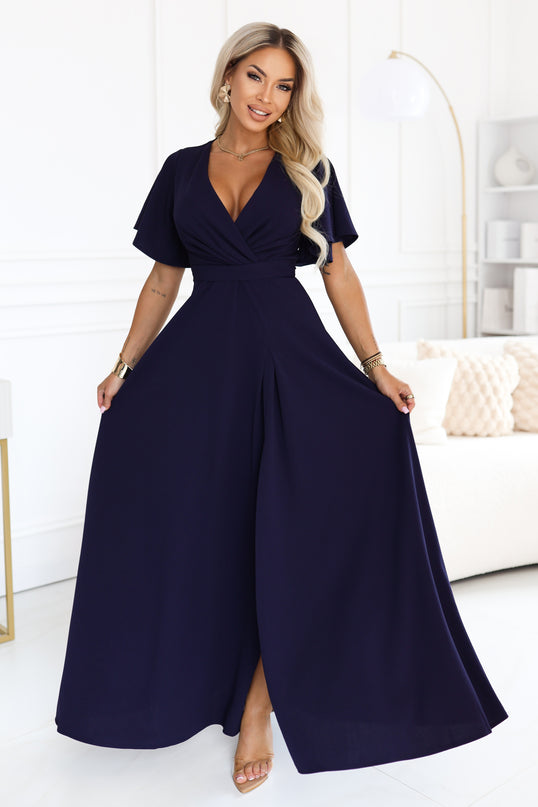 Navy Blue Long Dress with Leg Slit and Sleeves – Jennifer