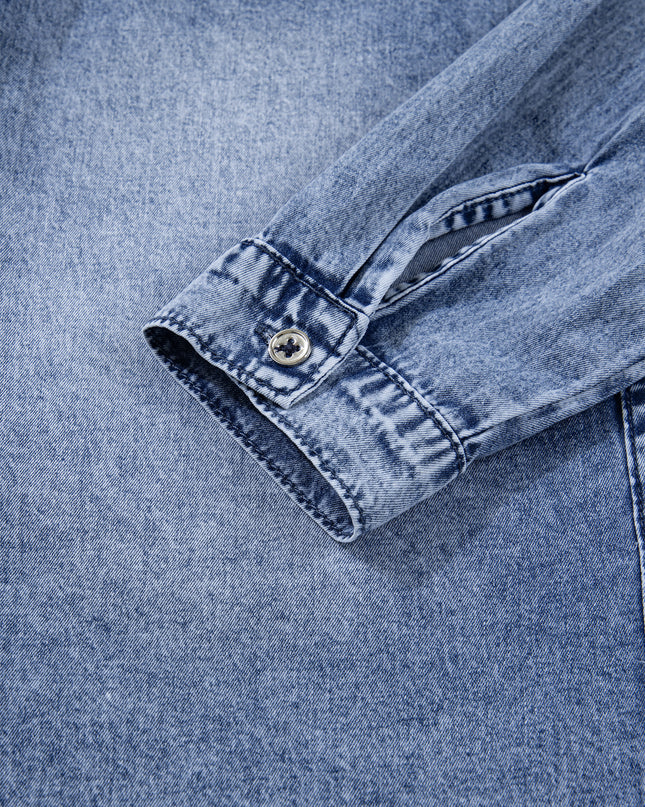 Dusk Blue Vintage Wash Denim Ruffle Detail Button Down Shirt