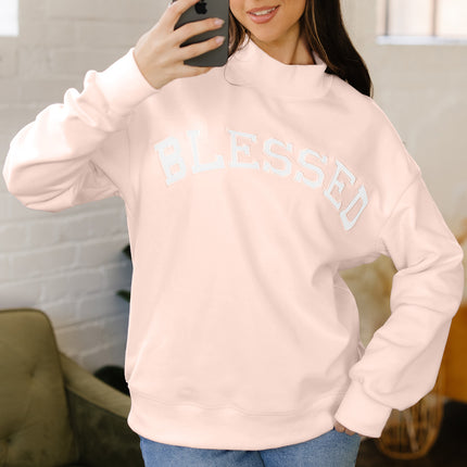Bright Pink Oversize Blessed Embroidered Mock Neck Sweatshirt